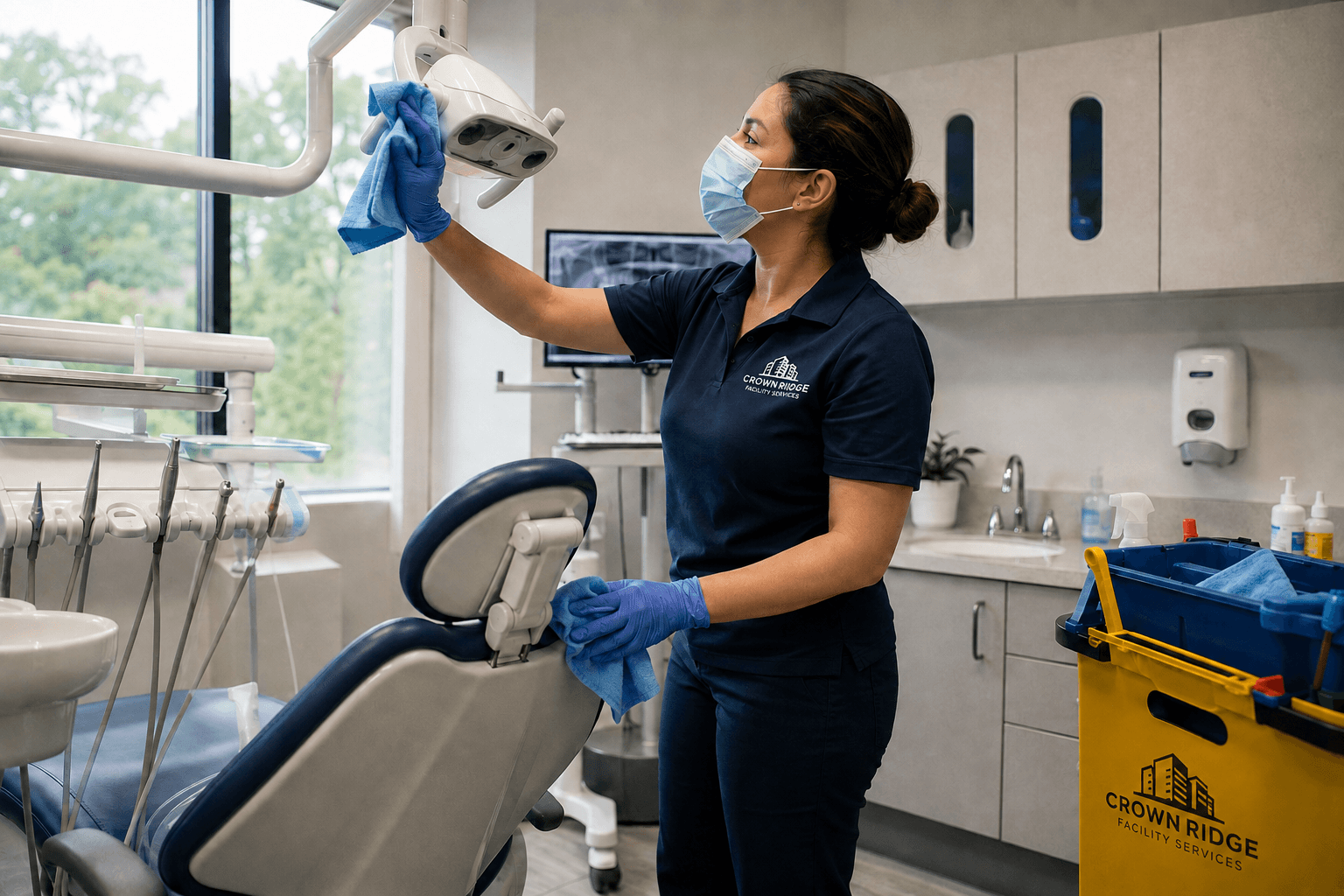Crown Ridge Facility Services technician wiping a dental operatory chair beside a sunlit window