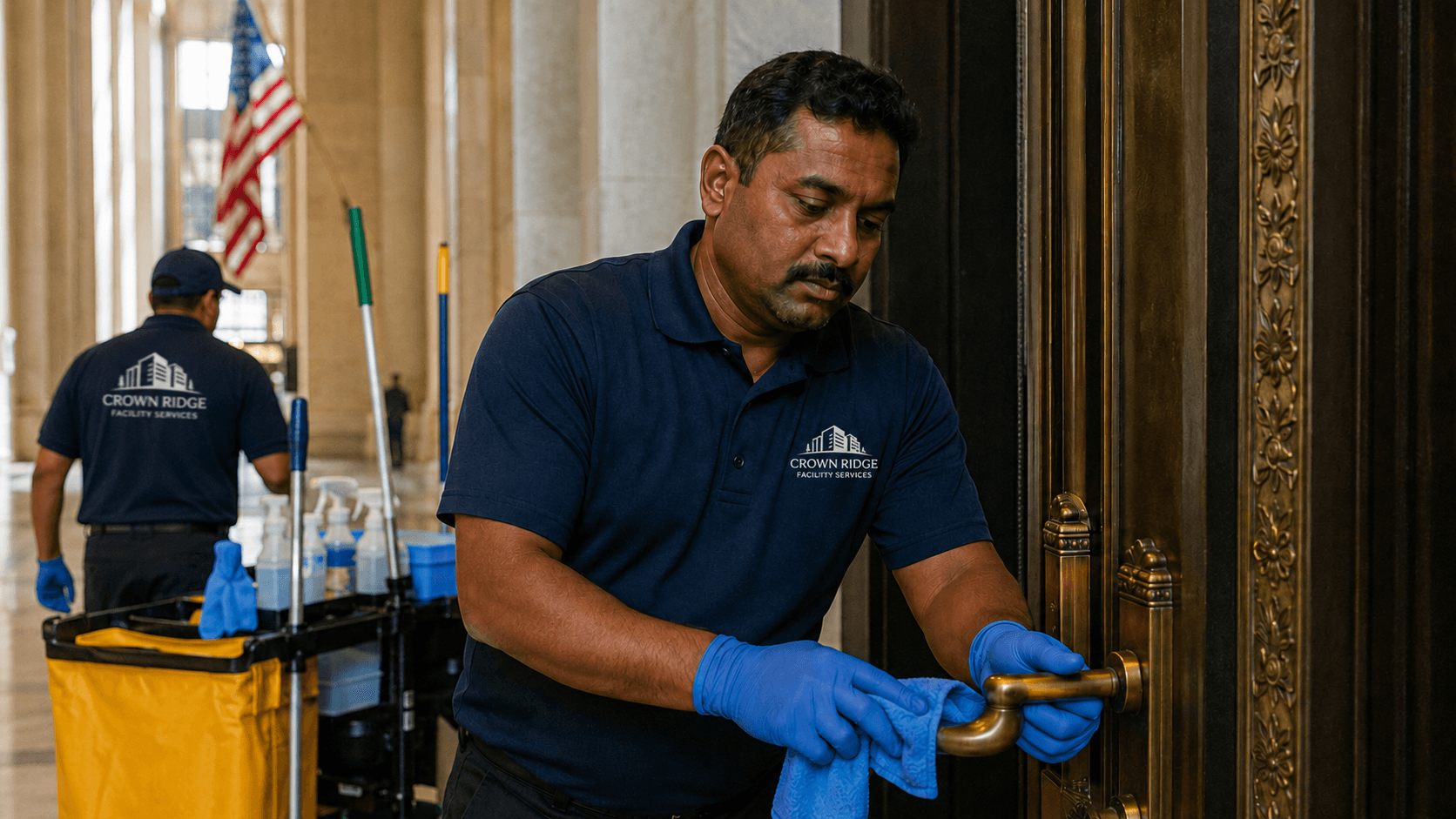 Crown Ridge Facility Services technician cleaning a glass wall in a bright government building lobby