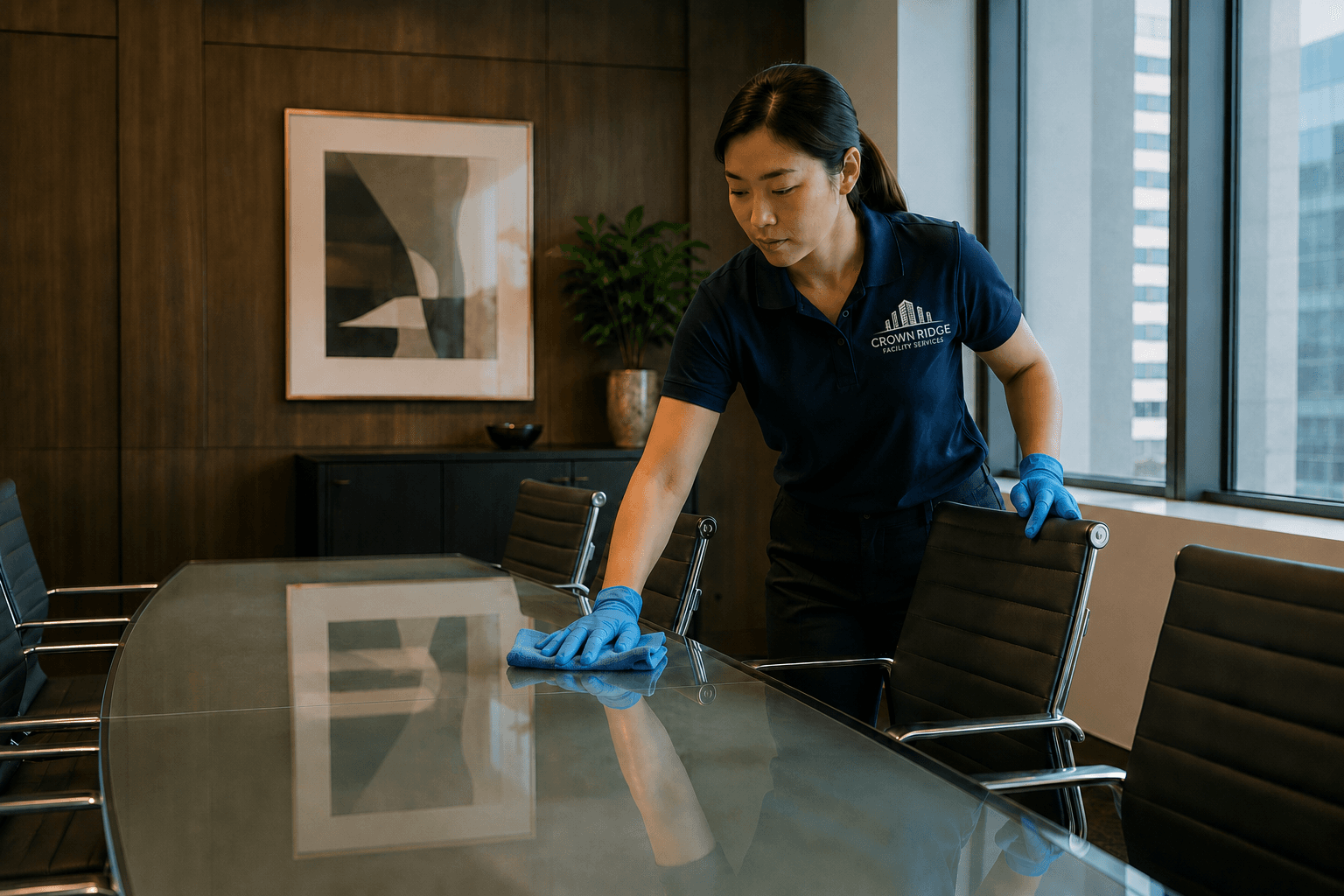 Crown Ridge Facility Services technician wiping a glass boardroom table in a bright corporate office