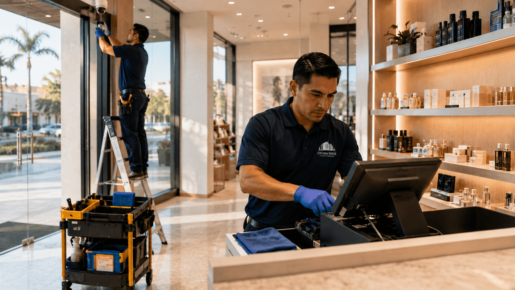 Crown Ridge Facility Services technician squeegeeing a bright retail storefront window