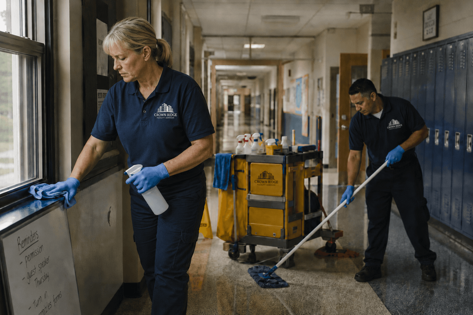 Crown Ridge Facility Services performing systematic school hallway cleaning