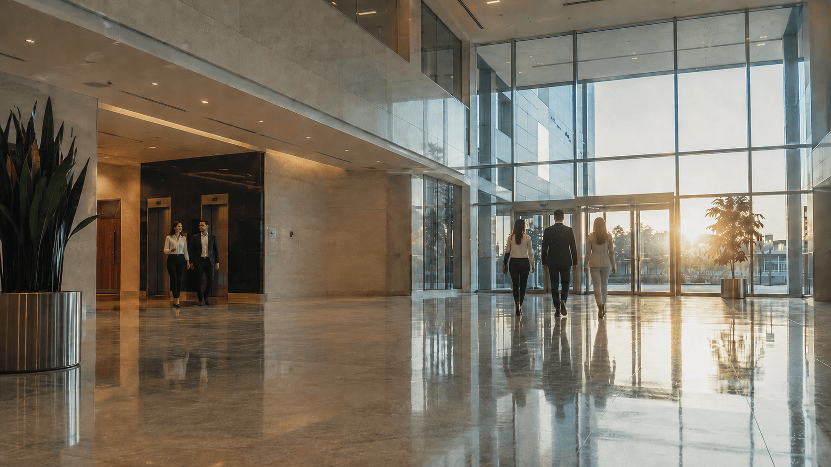 A clean commercial lobby after Crown Ridge Facility Services quality follow-up
