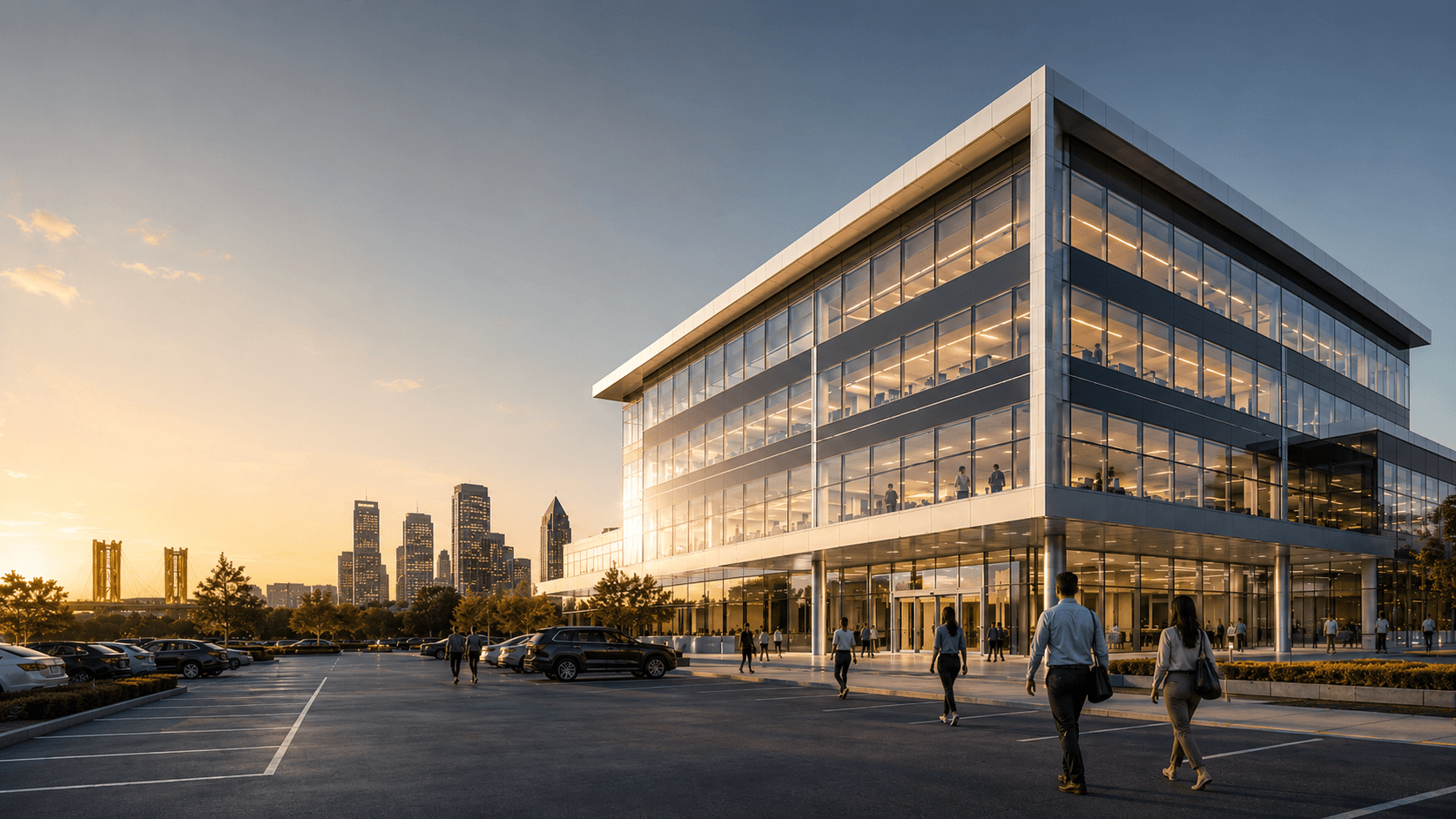 Crown Ridge Facility Services maintained corporate building at golden hour