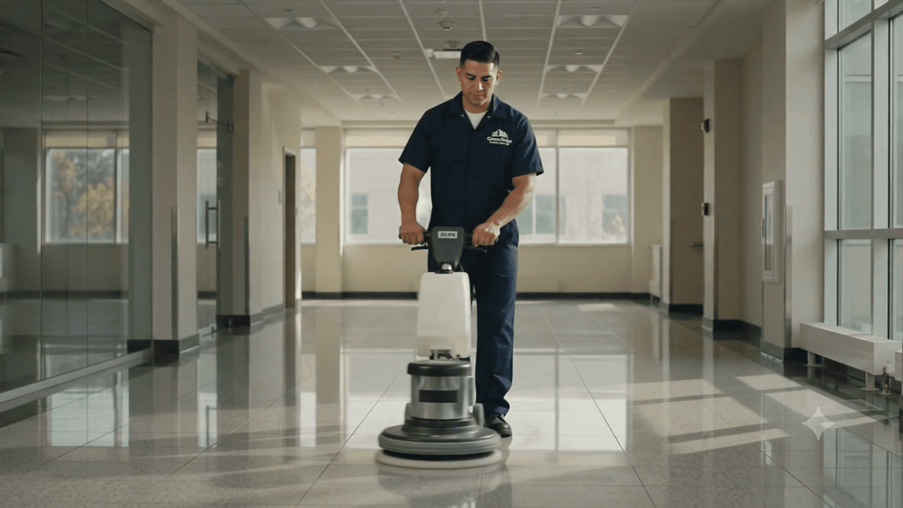 Crown Ridge Facility Services carpet extractor in corridor