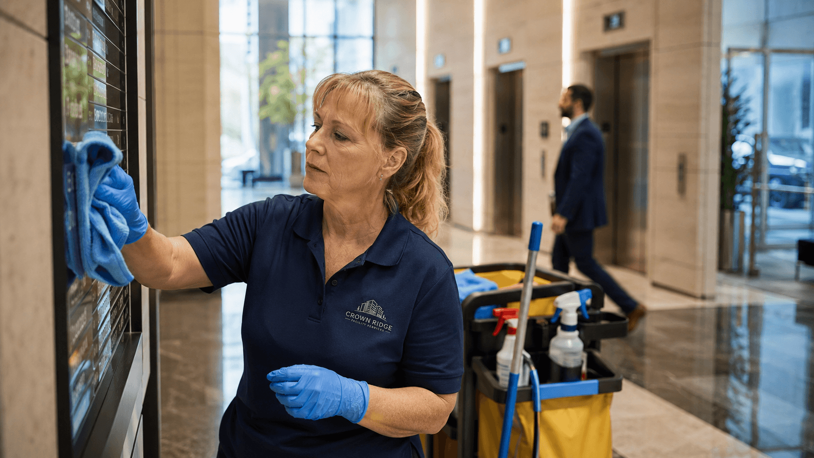 Crown Ridge Facility Services technician completing detail cleanup in a move-in-ready lobby