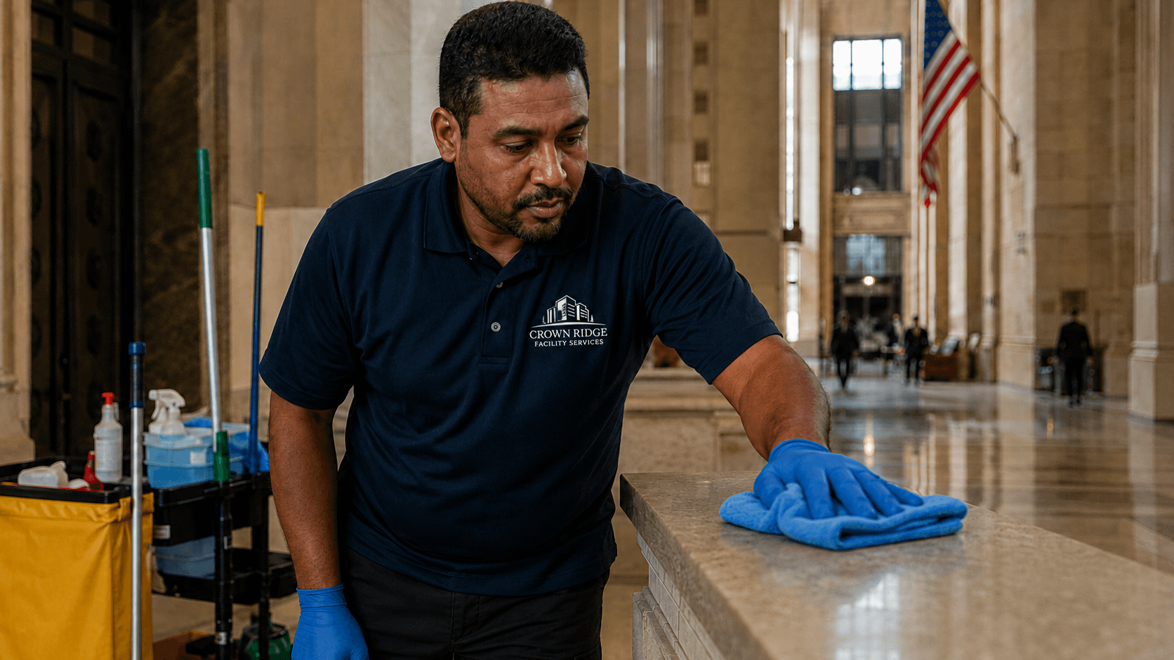 Crown Ridge Facility Services cleaning a premium corporate lounge