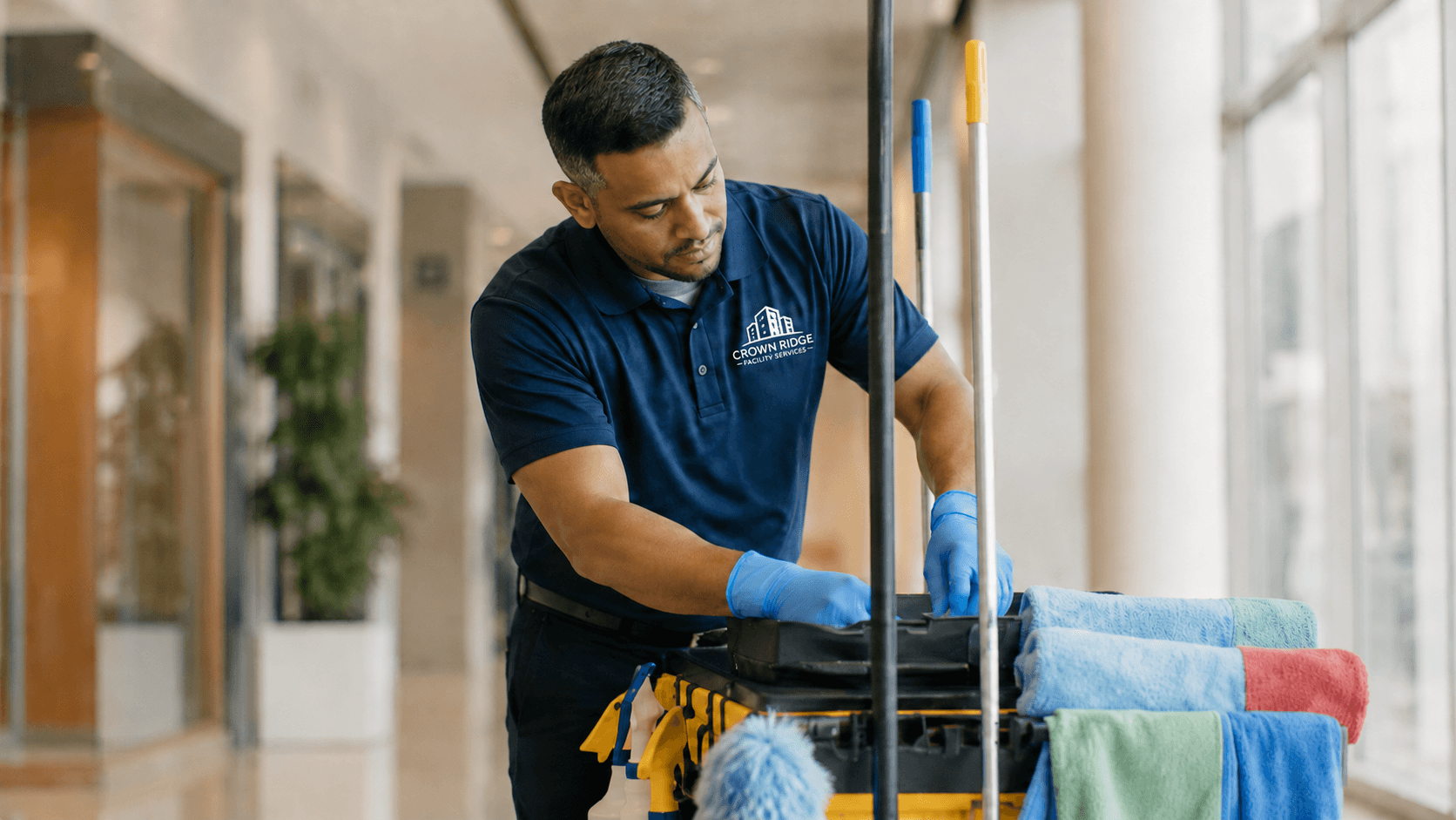 Crown Ridge Facility Services day porter with cart