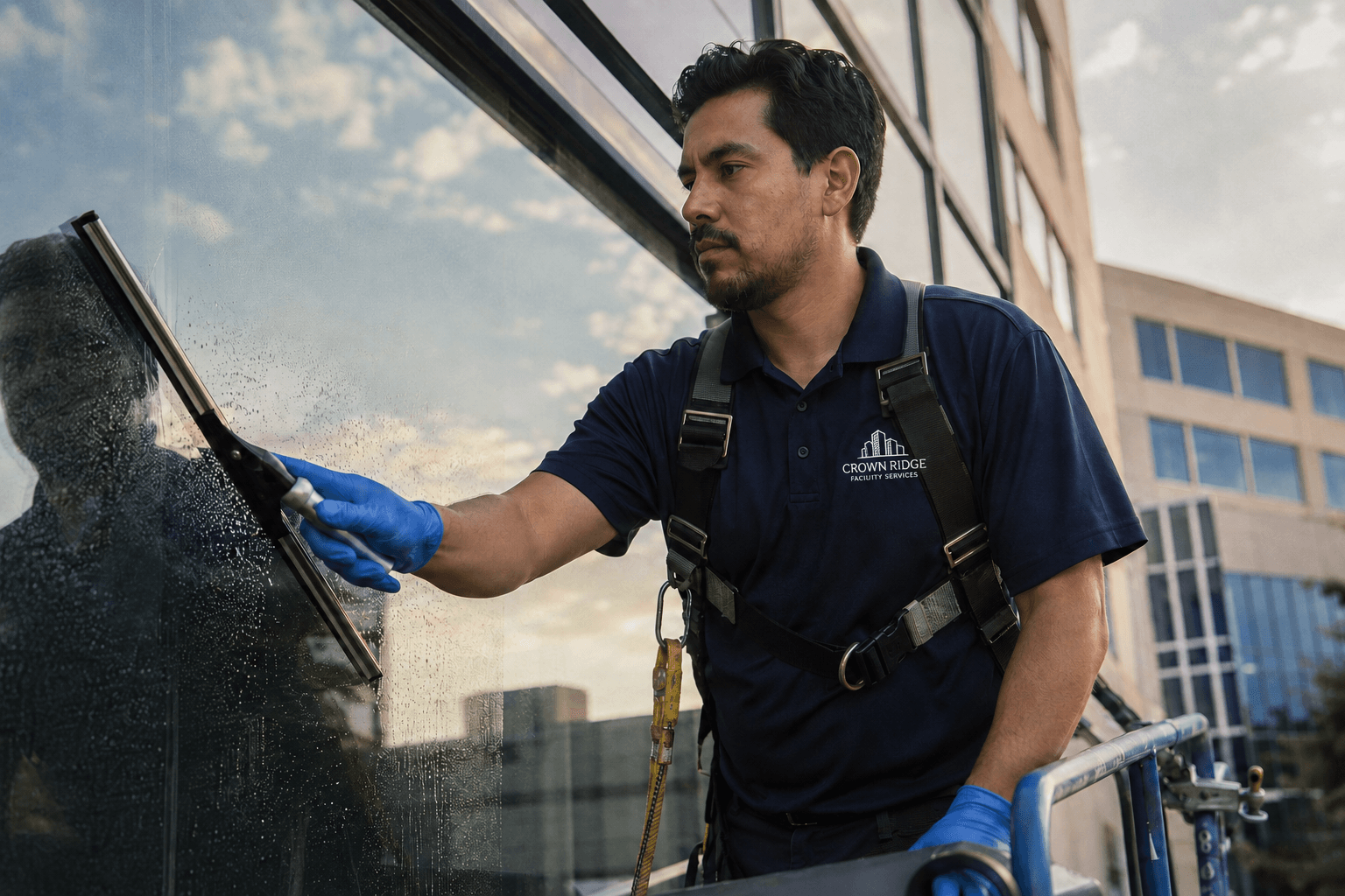 Crown Ridge Facility Services crew on a bright daytime exterior grounds maintenance visit