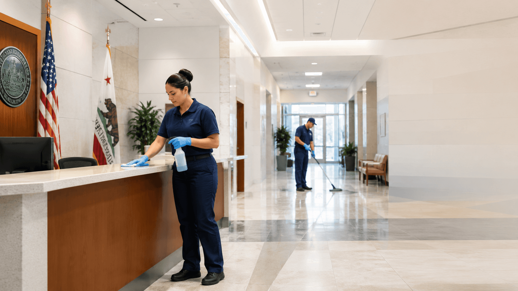 Crown Ridge Facility Services cleaning a commercial office hallway