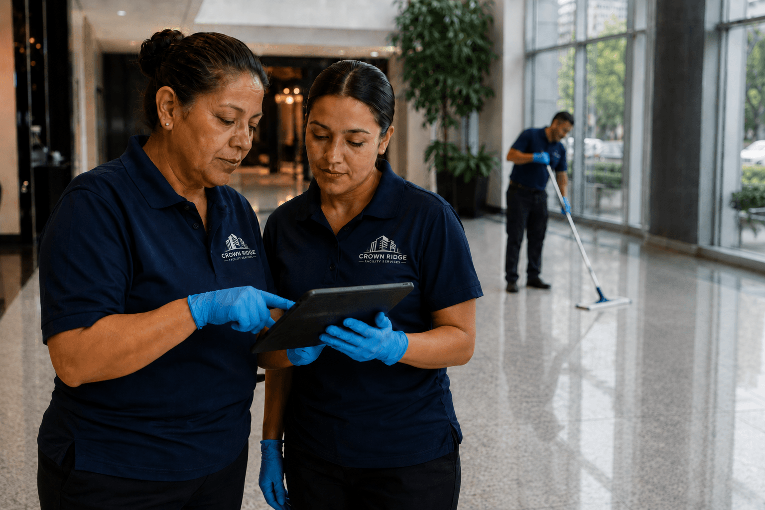 Crown Ridge Facility Services crew reviewing a site checklist on a tablet