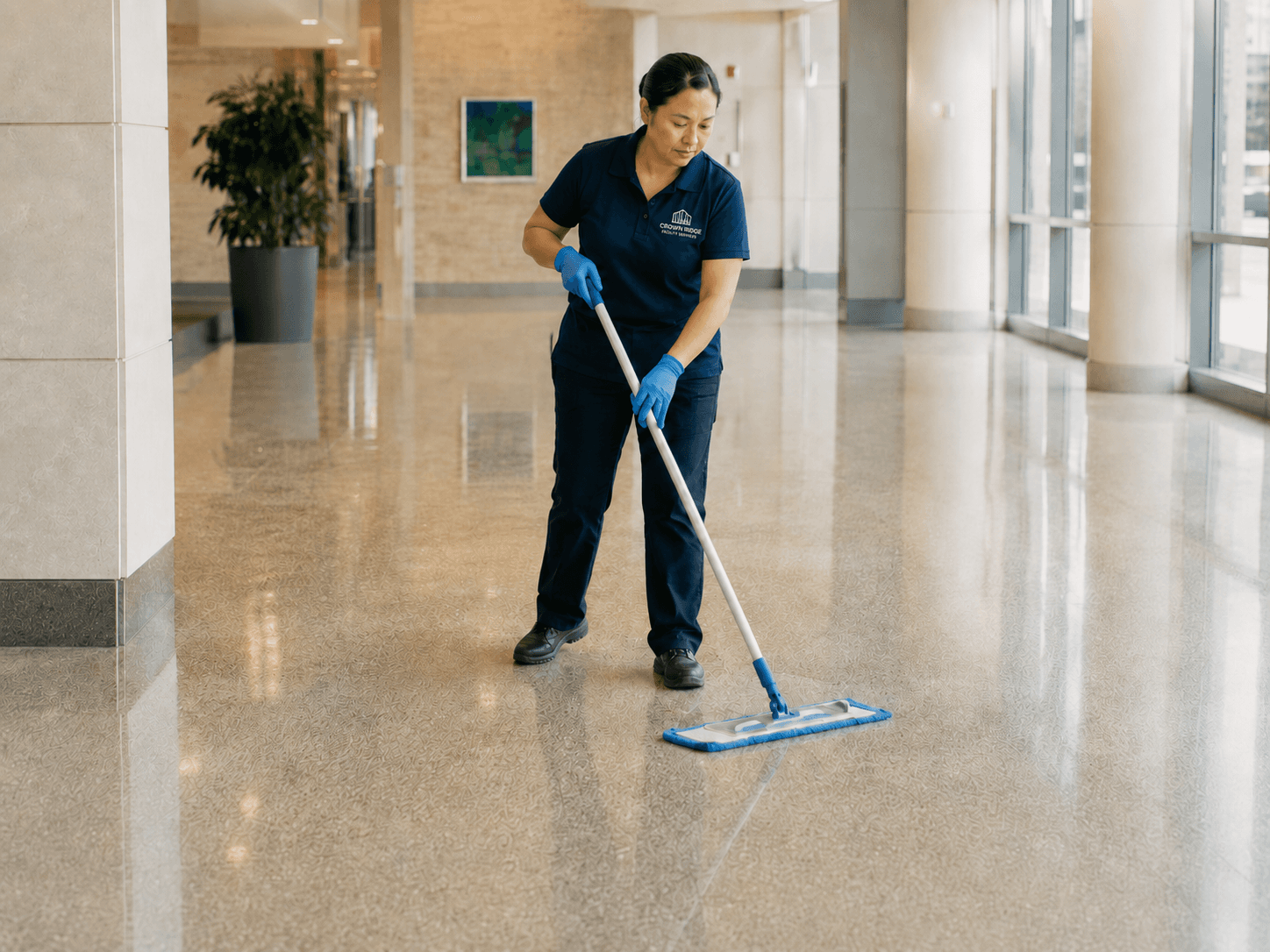 Crown Ridge Facility Services cleaning a commercial property hallway