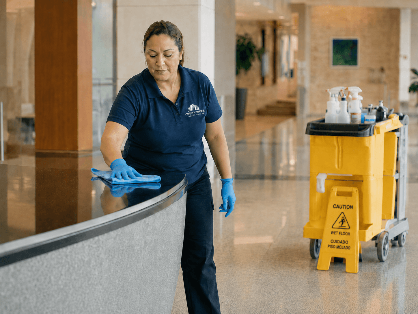 Crown Ridge Facility Services team in a polished corporate lobby
