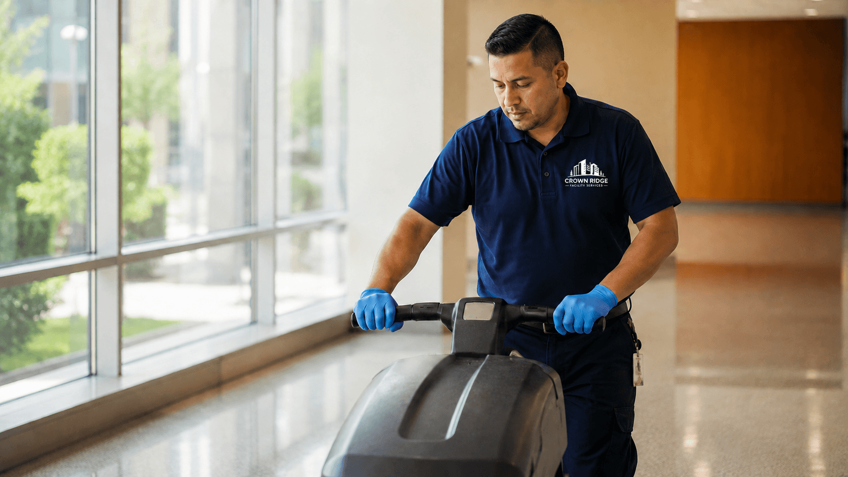 Crown Ridge Facility Services floor technician in a Sacramento commercial building